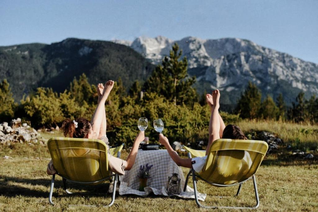eine Gruppe von Personen, die mit Weingläsern auf Stühlen sitzen in der Unterkunft Green cottage in Blidinje