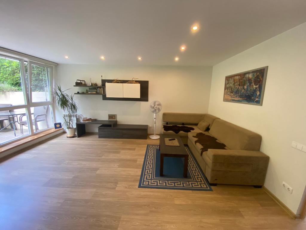 a living room with a couch and a tv at Apartment Pusynas in Nida