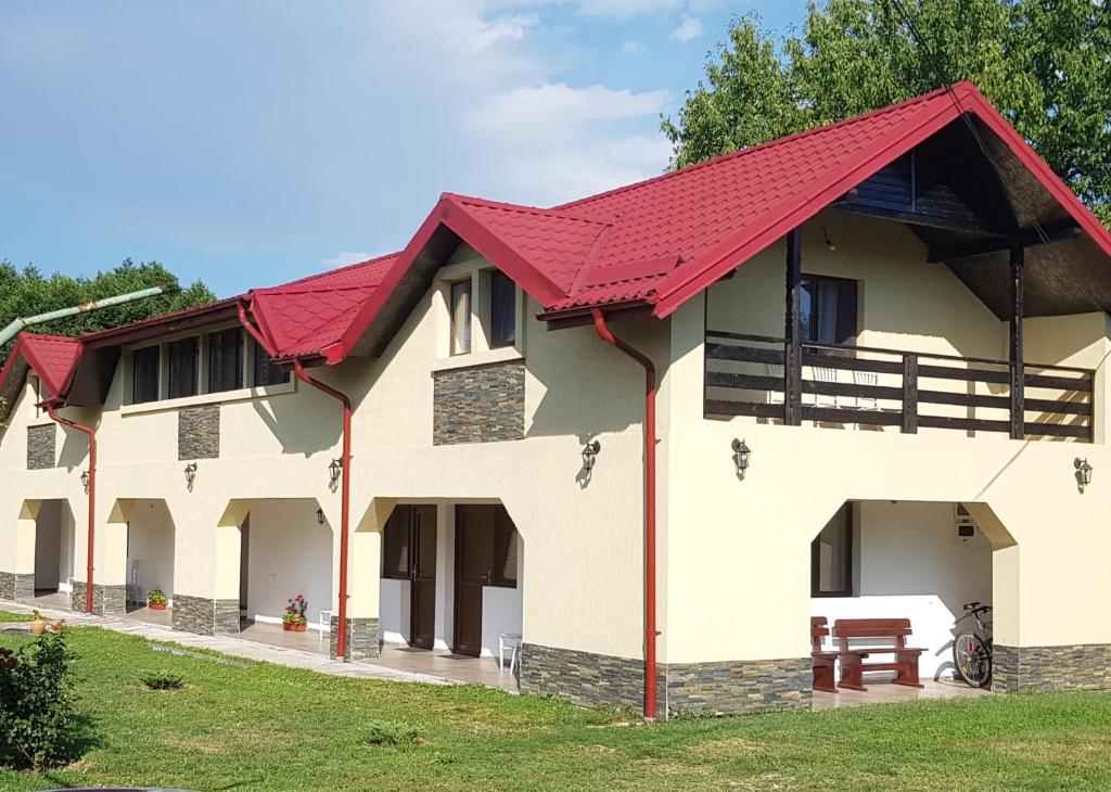 a house with a red roof at Pensiunea Magnolia din Tismana in Tismana