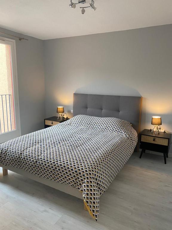 a bedroom with a large bed and two night tables at Superbe appartement climatisé avec parking privé in Port-Vendres