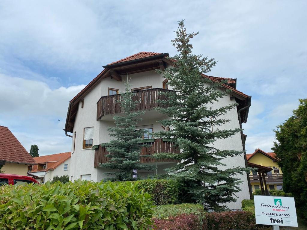 a white building with a tree in front of it at Ferienwohnungen Saale-Unstrut in Bad Kösen