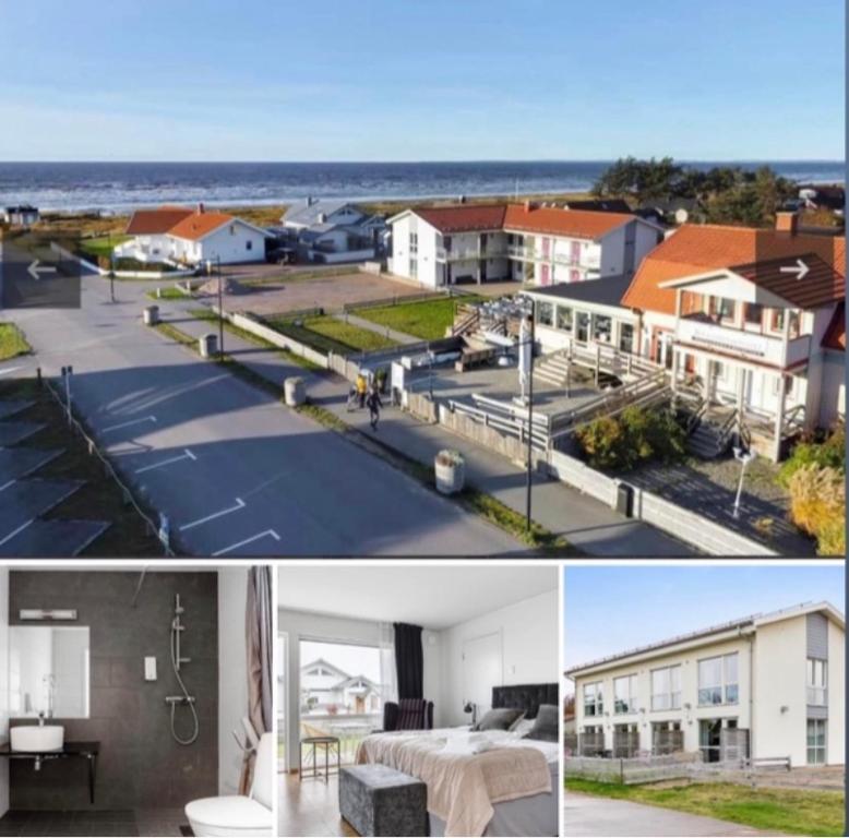 a collage of two pictures of a house at Strandpensionatet in Skummeslövsstrand