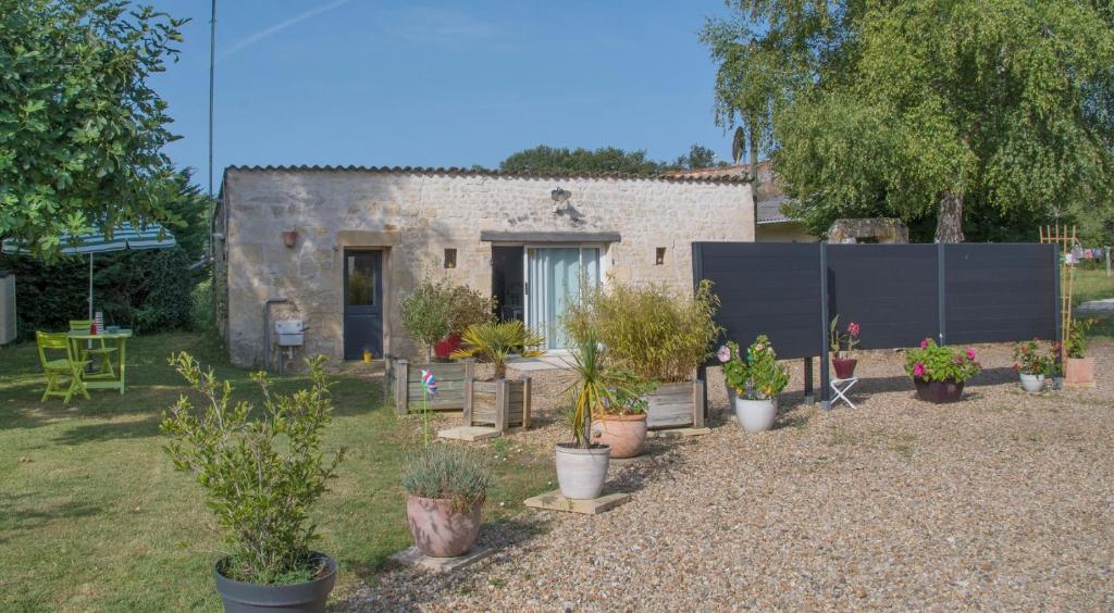 a garden with potted plants in front of a house at Gîte du timbre in Clion