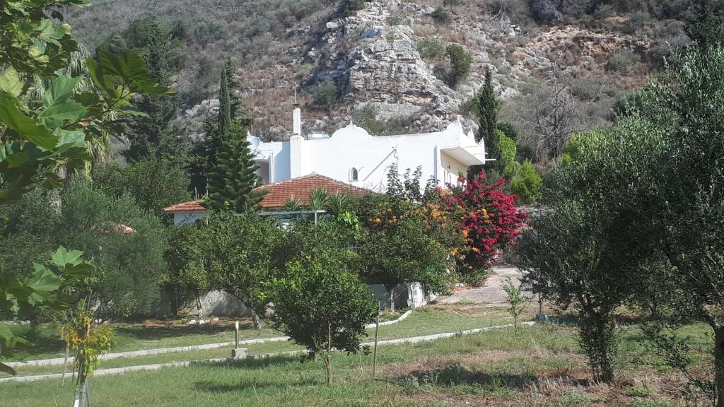 una casa bianca su una collina con una montagna di Villa Dunes 350m from the sandy beach a Kalogria