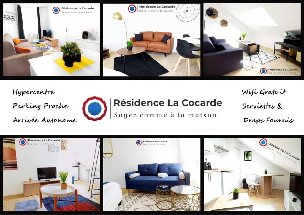 un collage de quatre photos d'un salon dans l'établissement Résidence La Cocarde, Suites type Appartements, à Bourges