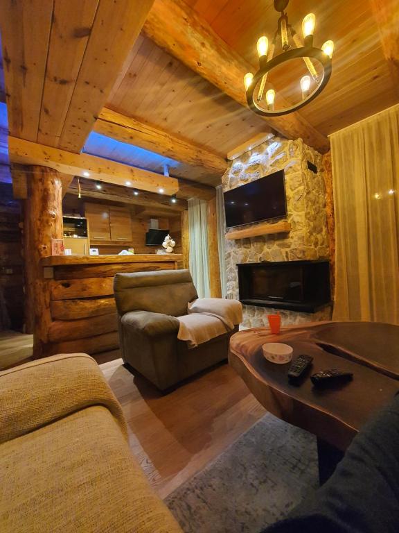 a living room with a couch and a fireplace at Alpine House in Žabljak
