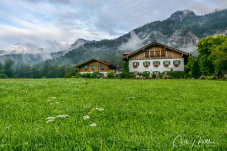 ein Haus inmitten eines grünen Grasfeldes in der Unterkunft Bognerlehen in Bischofswiesen