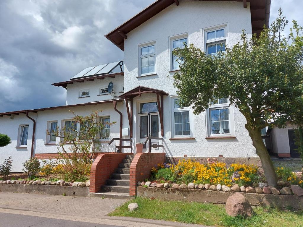 薩斯尼茨的住宿－Backbord und Steuerbord，前面有棵树和鲜花的白色房子