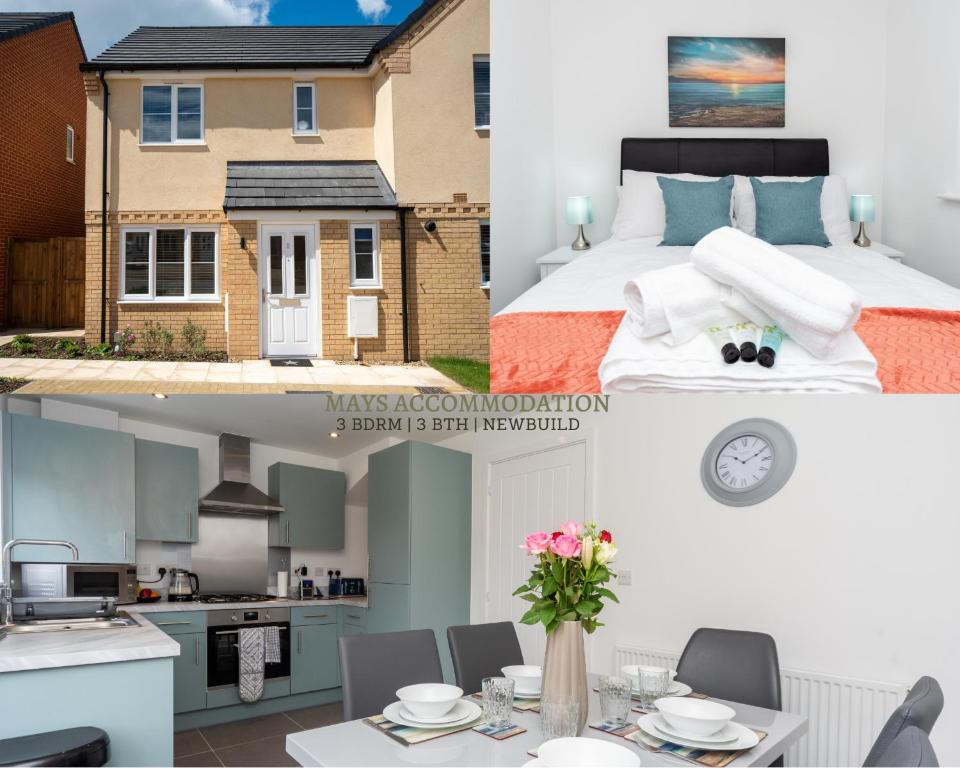 a collage of photos of a bedroom and a kitchen at Oulton Broads New Build Holiday Home 3 Bedroom- 3 Bathroom with Free Parking in Flixton