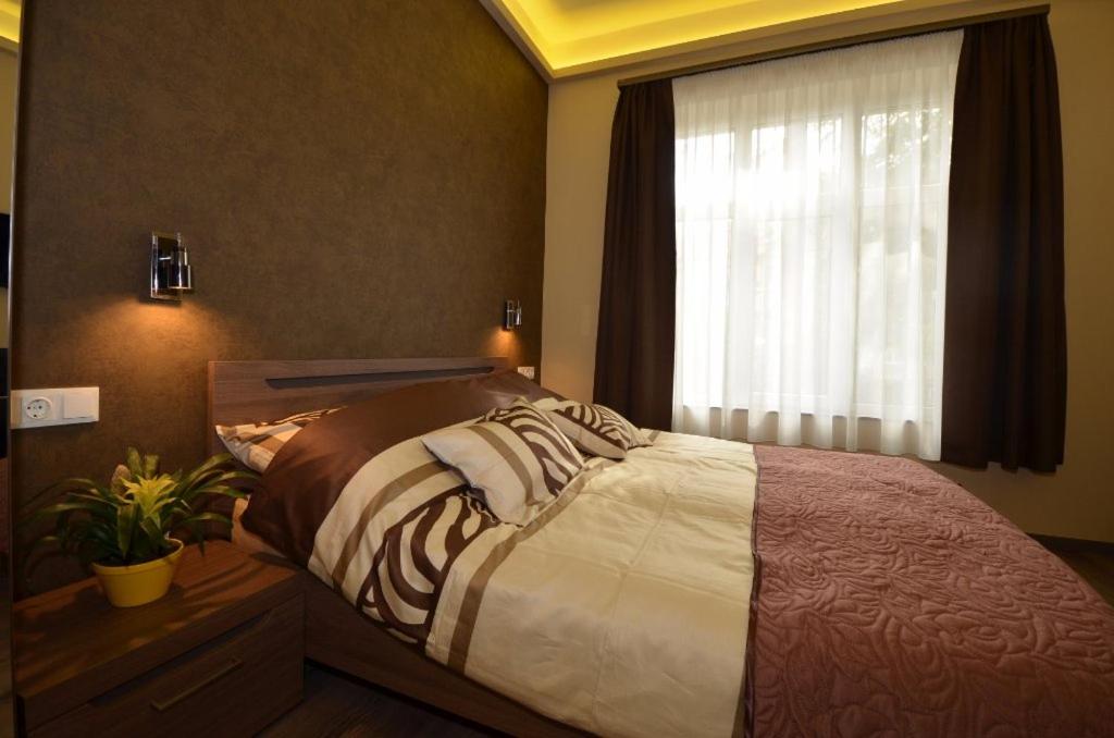 1 dormitorio con 1 cama grande y ventana en Fig Tree House en Budapest