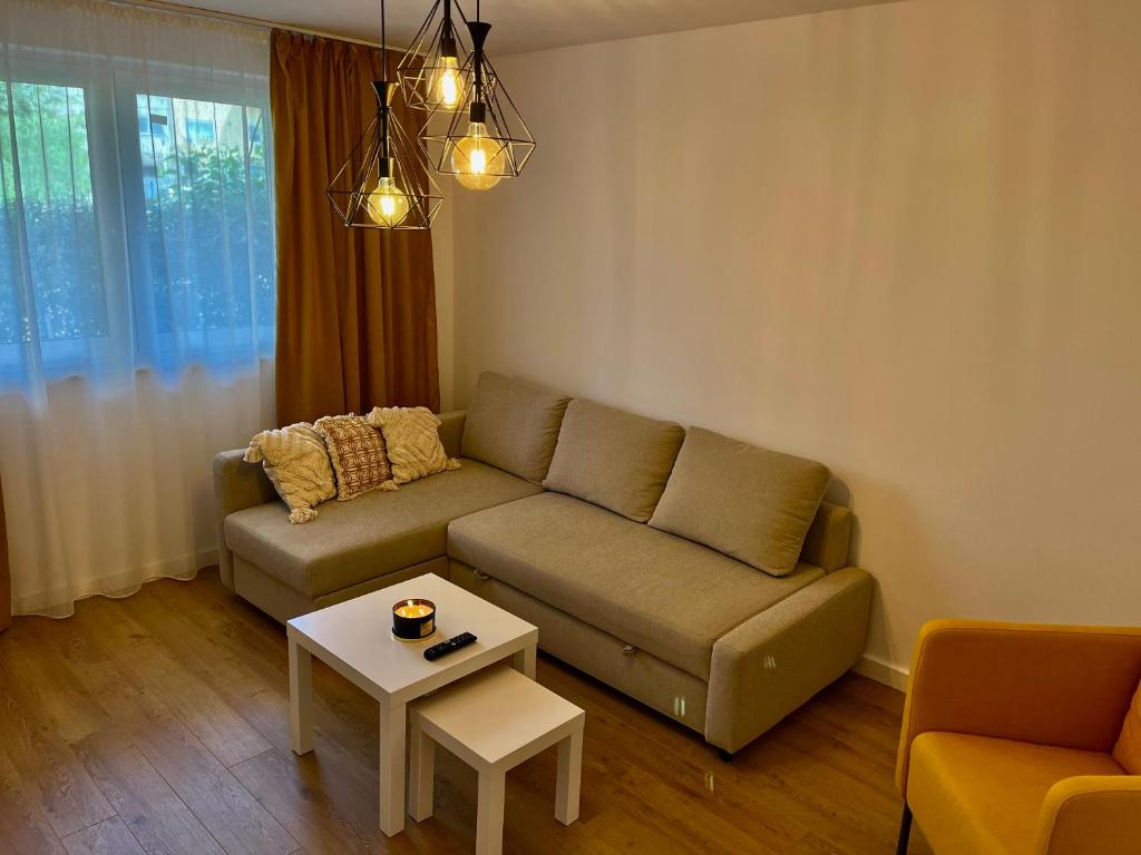 una sala de estar con un sofá y una mesa en Alexander Cozy Apartment FREE PRIVATE PARKING, en Mediaş