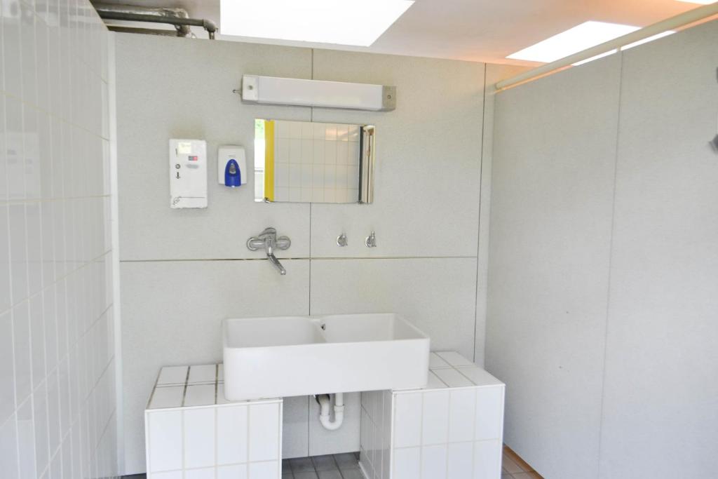 ein weißes Bad mit einem Waschbecken und einer Dusche in der Unterkunft Oktoberfest on a Budget Munich in München