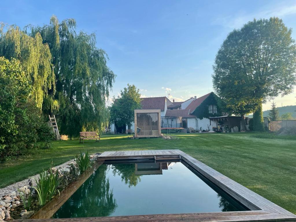 a swimming pool in a yard with a house at Statek Keblice in Keblice