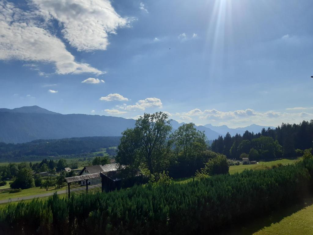 een boerderij op een heuvel met bergen op de achtergrond bij Bungalow-Ferienhaus Thurner in Görtschach