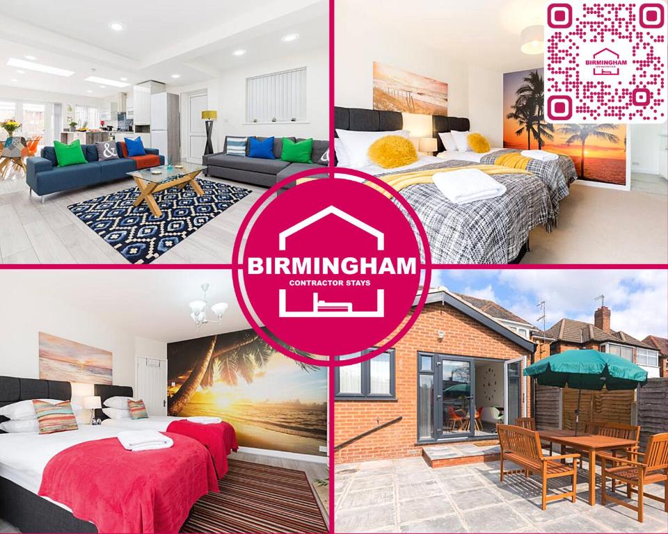 Stunning Solihull Long Stays - 4 Bedrooms with 7 Separate Beds, 2 Baths, Garden & Driveway by Birmingham Contractor Stays tesisinde bir odada yatak veya yataklar