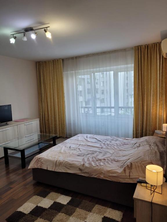 een slaapkamer met een bed en een groot raam bij Peaceful Loft in Boekarest