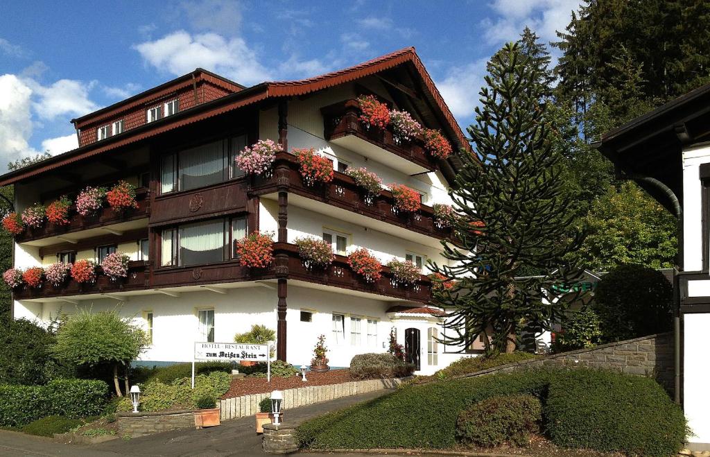 Hotel Zum weißen Stein في Kirchen: مبنى كبير عليه علب الزهور