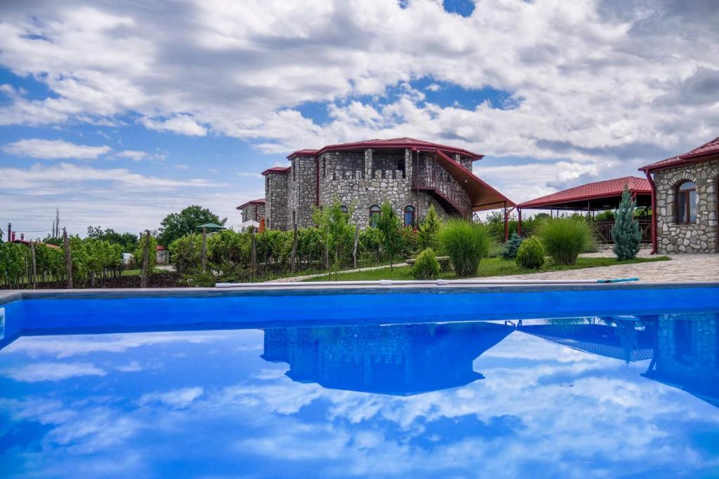 une maison avec une piscine en face d'un bâtiment dans l'établissement Chateau Tetri Bairagebi White Flags, à Kisiskhevi