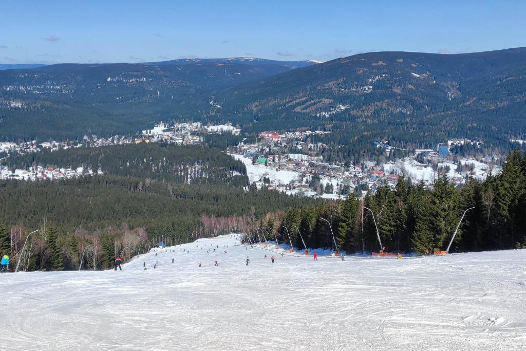 ENJOYHARRACHOV - Atraktivní slunný klimatizovaný apartmán 14 v centru Harrachova se saunou, parkováním, Wifi-WLAN, SAT, herní konzolí, PC s win 10, Netflix zdarma a možností dobíjení auta s jedinečným výhledem na Čertovu horu se skokanskými můstky v zimě