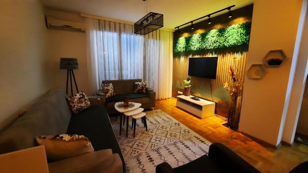 een woonkamer met een bank en een tv bij Jeta Apartment in Pristina