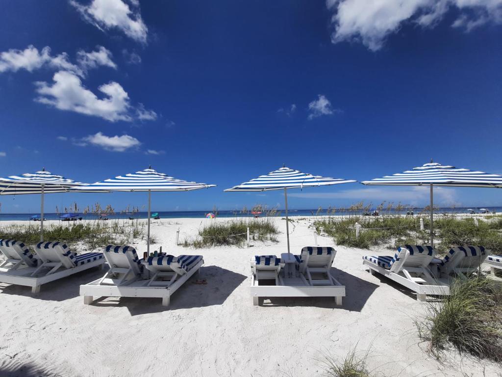 a row of beach chairs sitting on top of a sandy beach at Bungalow Beach Resort in Bradenton Beach