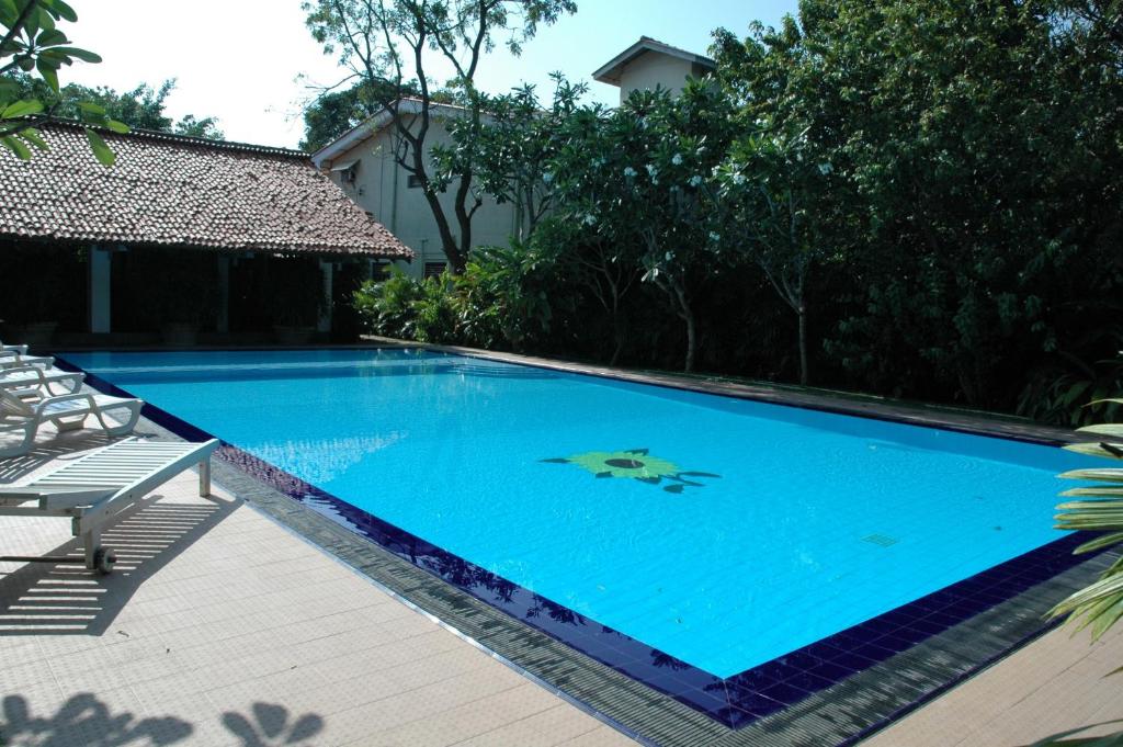 einen großen blauen Pool mit Stühlen und Bäumen in der Unterkunft Hotel Sunflower in Kataragama