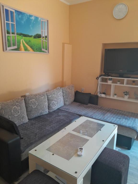 ein Wohnzimmer mit einem Sofa und einem Tisch in der Unterkunft Apartman Kika 1 in Valjevo