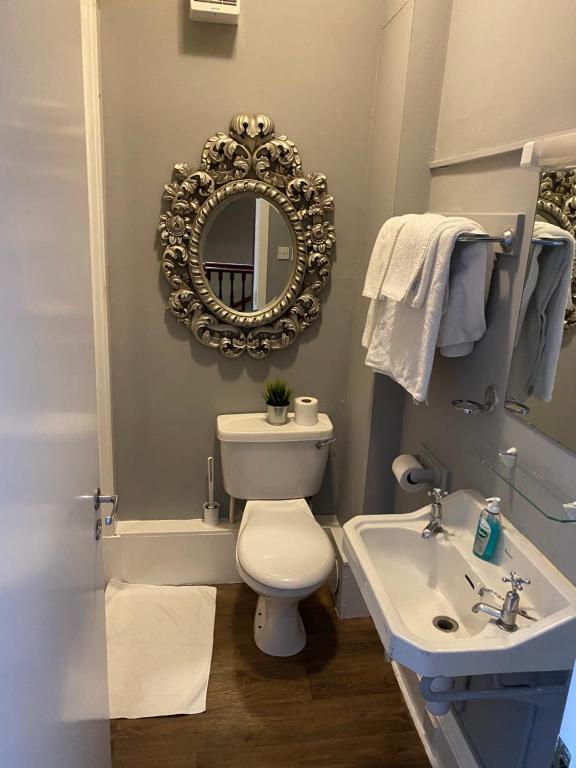 a bathroom with a toilet and a sink and a mirror at Ellwyn House in Edinburgh