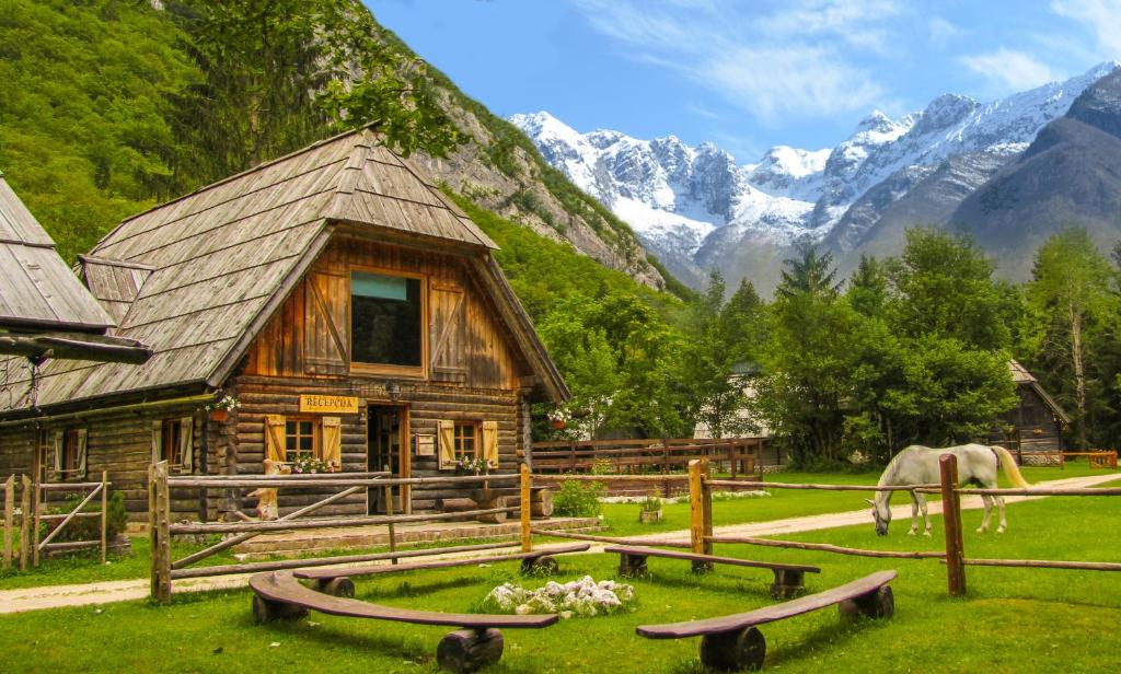 una cabina in montagna con un cavallo di fronte di Pristava Lepena Village a Lepena