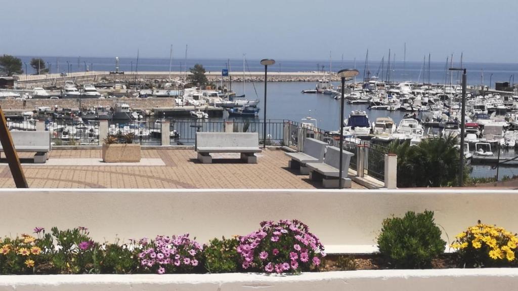 two pictures of a marina with a bench and flowers at Elipa in Mandra Capreria