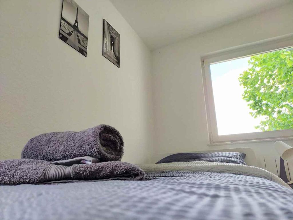 una camera da letto con un letto con una coperta e una finestra di Cozy & Modern 4 Room Flat near Hanau a Gedern