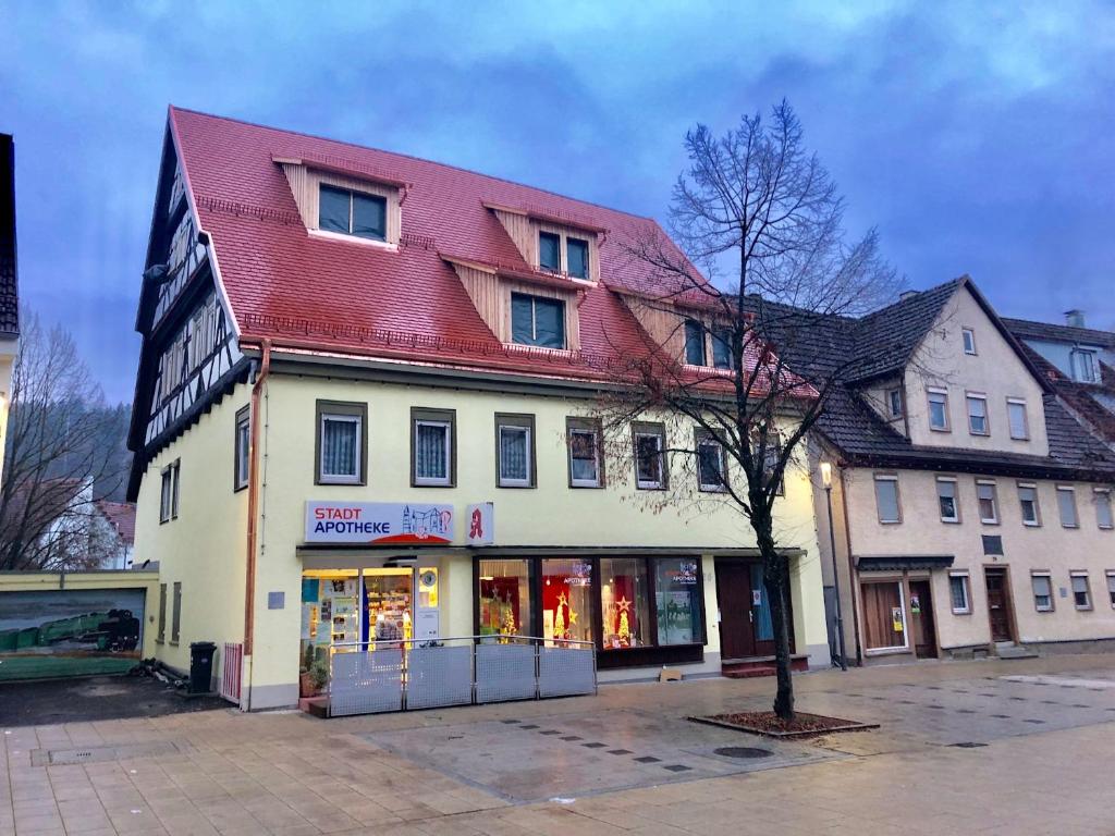 een gebouw met een rood dak op een straat bij Historische Unterkunft in Lorch in Lorch