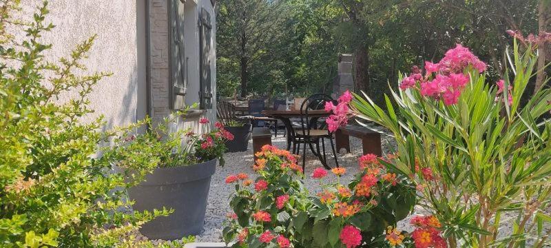 un jardín con flores, mesa y sillas en Le cabanon de la Citelle, en Rochefort-en-Valdaine