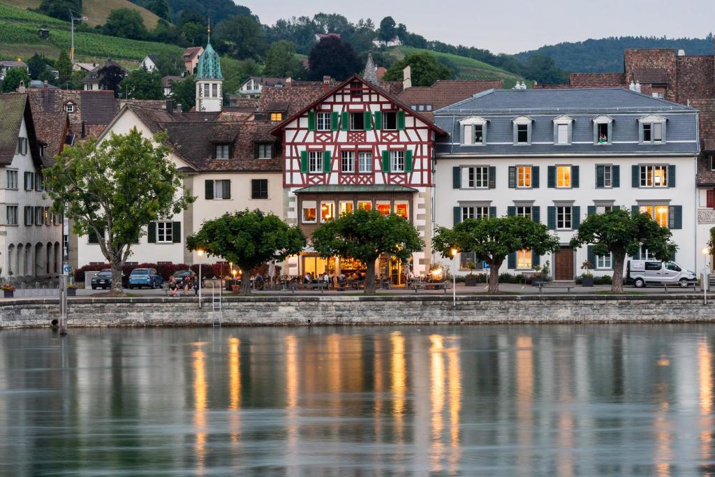 a group of buildings next to a body of water at Hotel Rheingerbe in Stein am Rhein