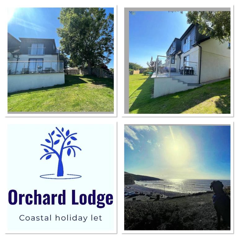 a collage of four pictures of a house and a tree at Orchard Lodge -Coastal Retreat, new build, village views, private garden and terrace in Saint Brides Major