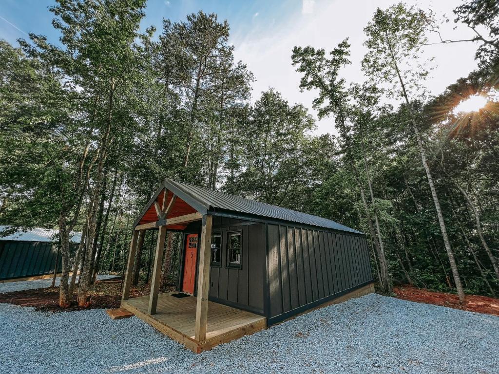 a small house in the middle of a forest at Cabin 5 One Bedroom W Kitchen in Hartwell