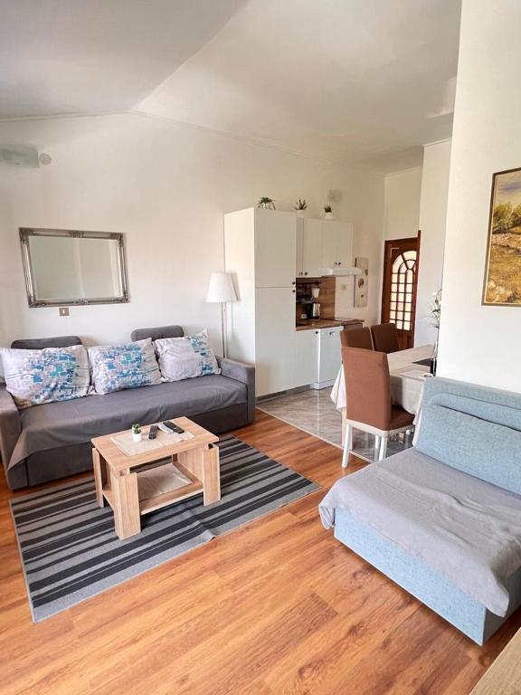 salon z kanapą i stołem w obiekcie Apartments Valentinovo w mieście Klenovica