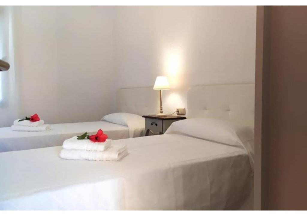 two beds in a hotel room with red flowers on them at Anahi Homes Corralejo- Dracaena 18 in La Oliva