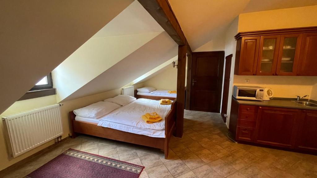 a small room with a bed and a kitchen at Pension Pod Radnicí in Český Krumlov