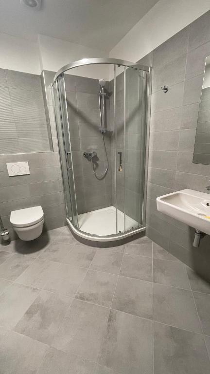a bathroom with a shower and a toilet and a sink at Pension Pod Radnicí in Český Krumlov
