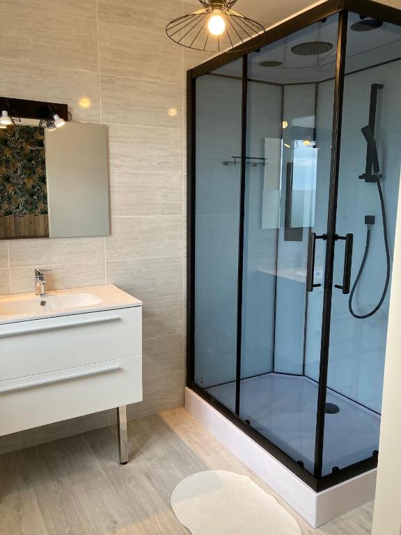 a bathroom with a glass shower and a sink at Gîte "le haut des Poujades" in Reilhaguet