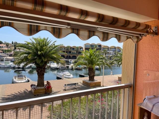 a balcony with a view of a marina with palm trees at Gruissan les MARINES II in Gruissan
