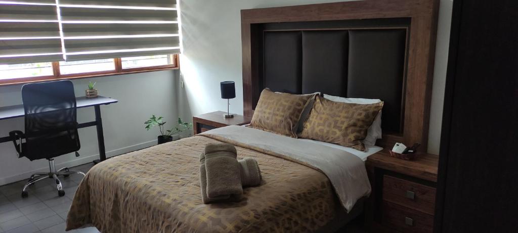 een slaapkamer met een bed, een bureau en een stoel bij Leveli Coliving in Guadalajara