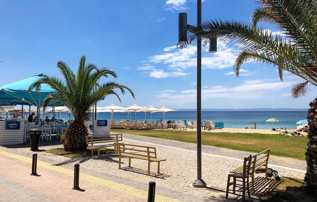a beach with benches and palm trees and the ocean at Dream Nikiti xalkidikis in Nikiti