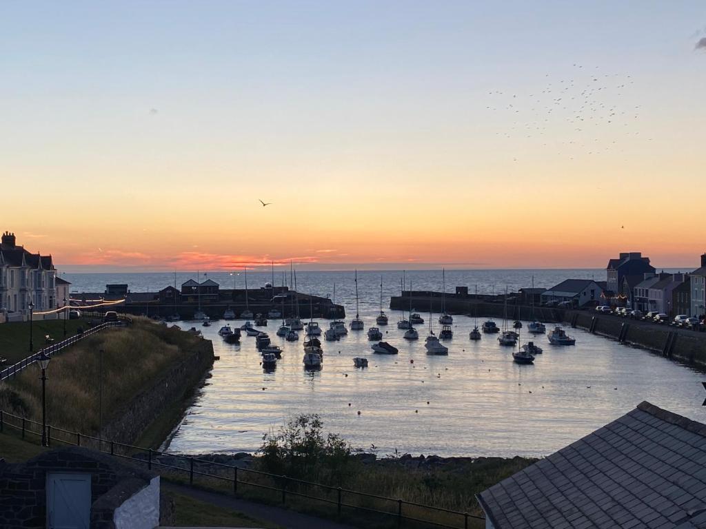 a group of boats in a river at sunset at Aberaeron Island House - Panoramic Harbour Views in Aberaeron