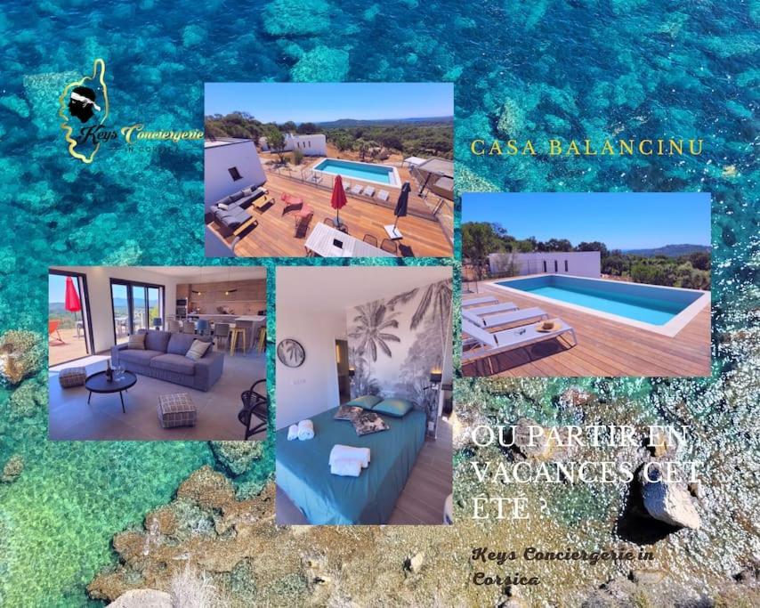 eine Collage mit Bildern einer Villa im Wasser in der Unterkunft Casa Balancinu Vue panoramique sur montagne et Mer Piscine Privée in Sainte-Lucie de Porto-Vecchio