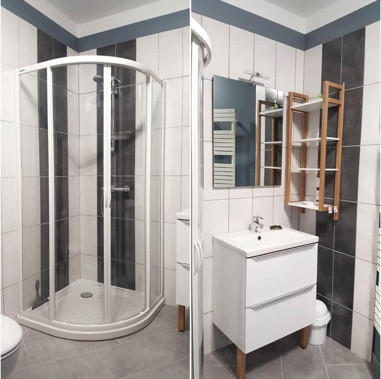 een badkamer met een douche, een toilet en een wastafel bij Gîte du Domaine de la Forge in Boncourt-sur-Meuse