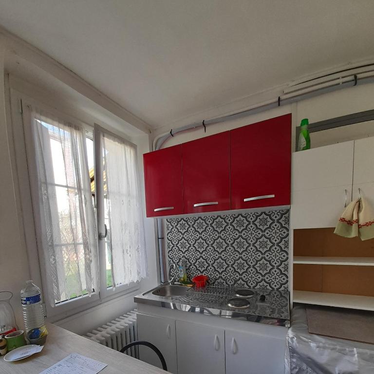 una cocina con armarios rojos y fregadero. en Fleurs de loutus 2, en Romilly-sur-Seine