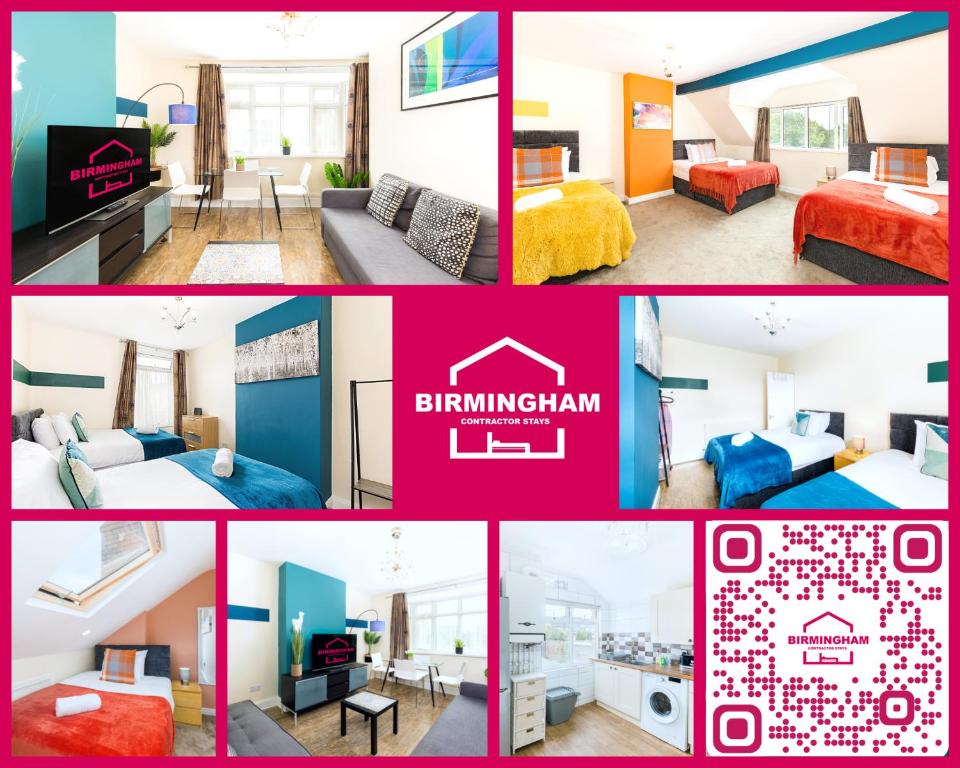eine Collage mit vier Bildern eines Schlafzimmers in der Unterkunft Birmingham Contractor Stays - 3 Bedroom Flat, 6 Beds plus Parking in Birmingham