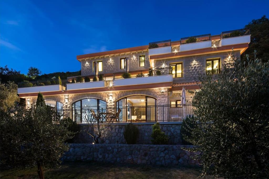 Une grande maison éclairée la nuit dans l'établissement Villa Gradina, à Budva